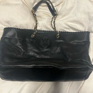 Tory Burch Large Shoulder Bag Marion Pebble Black Leather Chain Straps Handbag